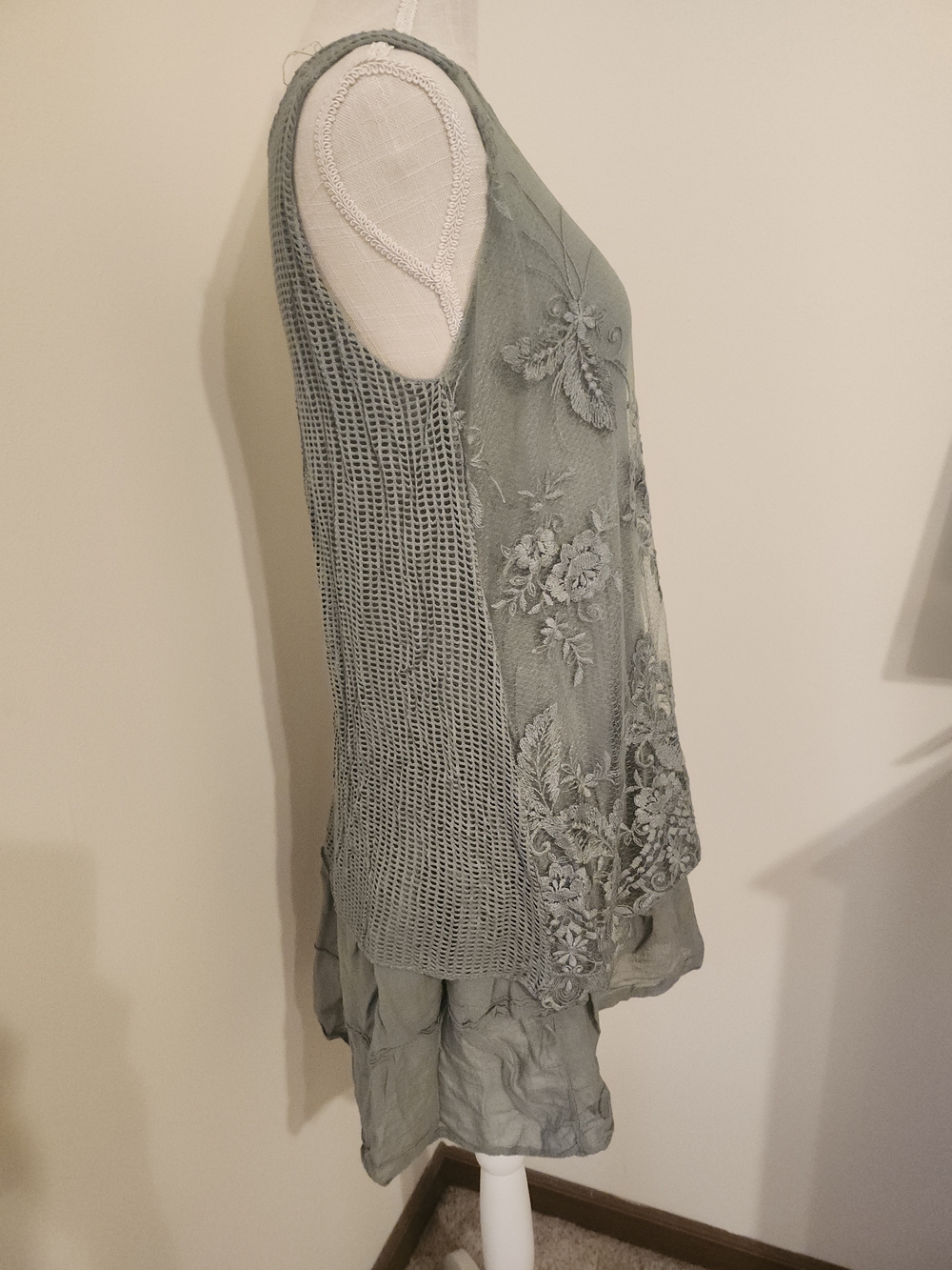 Embroidered Sleeveless Sheer Drese in Sage Green - Picture 4 of 8